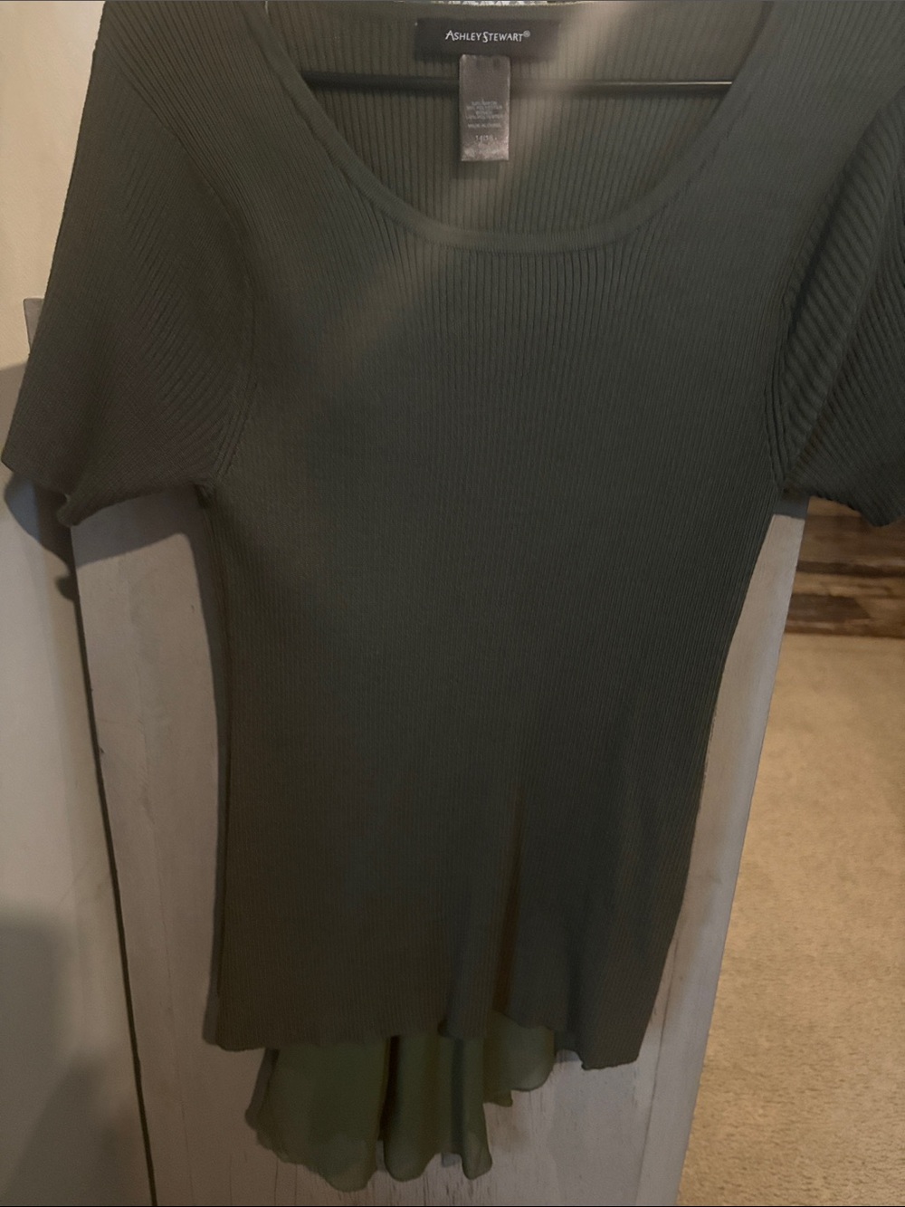 Ashley Stewart Olive Ribbed Scoop Neck Short Sleeve Top
